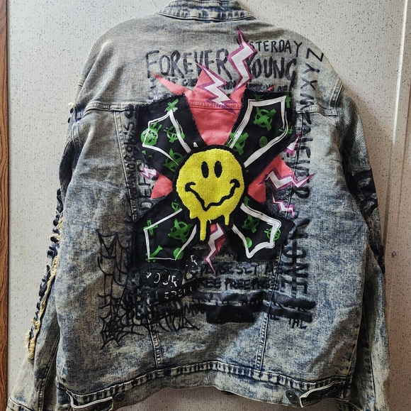 Smoke Rise Graffiti Denim Jacket L Sheffield Embroidered Paint Goth Grunge Clean - Picture 10 of 11